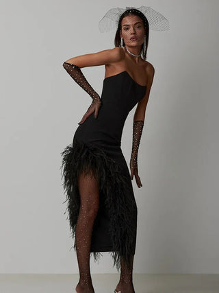 Sexy Strapless Feather Evening Bodycon Party Dress - Diva Melody