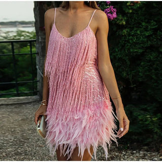 Sexy Tassel Sequins Feather Mini Dress - Diva Melody