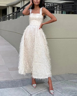 Sexy White Feather Backless Midi Dress - Diva Melody