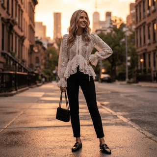 Sheer Floral Lace Puff Sleeve Peplum Blouse - Diva Melody