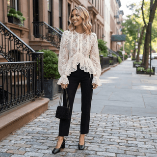 Sheer Floral Lace Puff Sleeve Peplum Blouse - Diva Melody