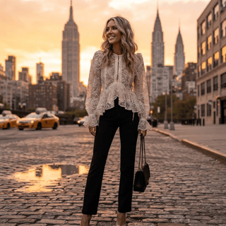 Sheer Floral Lace Puff Sleeve Peplum Blouse - Diva Melody