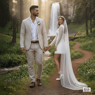 Sheer Sleeve High - Neck Mini Wedding Dress - Diva Melody