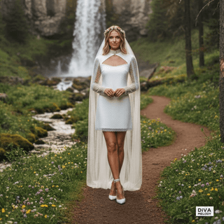 Sheer Sleeve High - Neck Mini Wedding Dress - Diva Melody