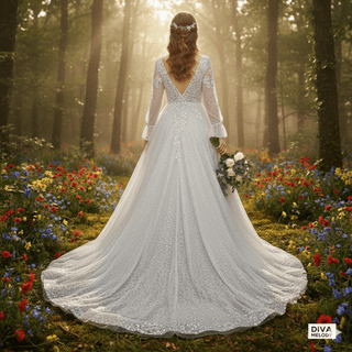 Shimmer Mesh Black Long Sleeves Bridal Gown - Diva Melody
