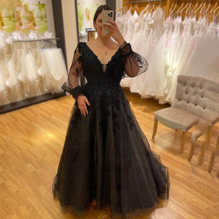 Shimmer Mesh Black Long Sleeves Bridal Gown - Diva Melody