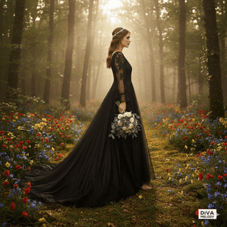 Shimmer Mesh Black Long Sleeves Bridal Gown - Diva Melody