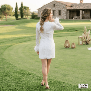 Shine Beads Feathers Sleeves Wedding Dress - Diva Melody