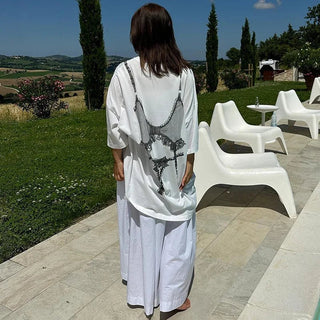 Short Sleeve Graphic Oversized White Long T-Shirts - Diva Melody