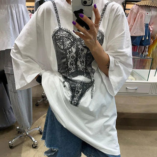 Short Sleeve Graphic Oversized White Long T-Shirts - Diva Melody