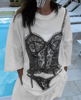 Short Sleeve Graphic Oversized White Long T-Shirts - Diva Melody