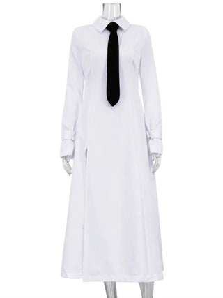 Side Slit White Elegant Collar Tie Midi Long Shirt Dresses - Diva Melody