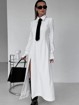 Side Slit White Elegant Collar Tie Midi Long Shirt Dresses - Diva Melody