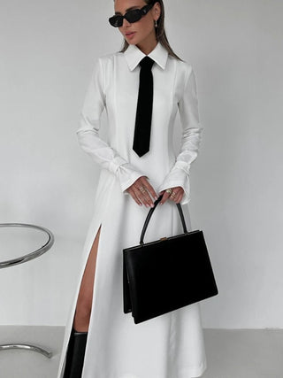 Side Slit White Elegant Collar Tie Midi Long Shirt Dresses - Diva Melody