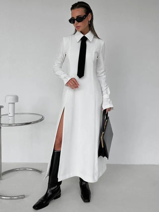 Side Slit White Elegant Collar Tie Midi Long Shirt Dresses - Diva Melody