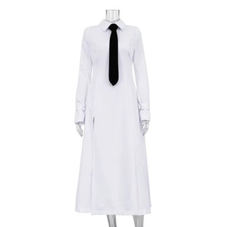 Side Slit White Elegant Collar Tie Midi Long Shirt Dresses - Diva Melody