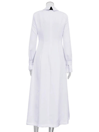 Side Slit White Elegant Collar Tie Midi Long Shirt Dresses - Diva Melody