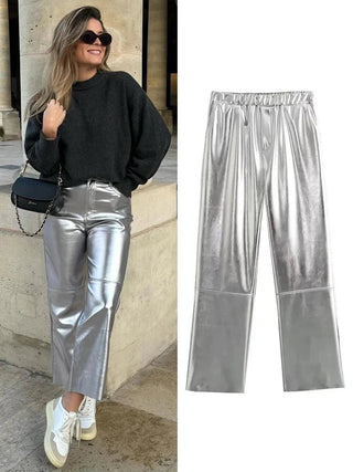 Silver Elastic Waist Straight Chic Pants - Diva Melody