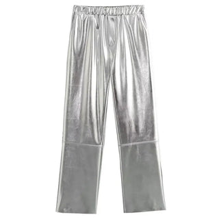 Silver Elastic Waist Straight Chic Pants - Diva Melody