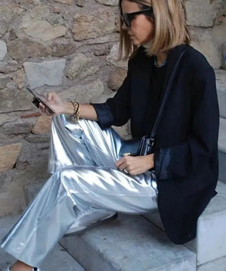 Silver Elastic Waist Straight Chic Pants - Diva Melody