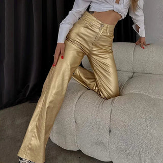 Silver Gold High Waist Vintage Pockets Loose Shiny Pants - Diva Melody