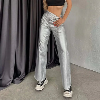 Silver Gold High Waist Vintage Pockets Loose Shiny Pants - Diva Melody