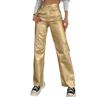 Silver Gold High Waist Vintage Pockets Loose Shiny Pants - Diva Melody