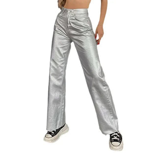 Silver Gold High Waist Vintage Pockets Loose Shiny Pants - Diva Melody