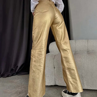 Silver Gold High Waist Vintage Pockets Loose Shiny Pants - Diva Melody