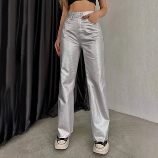 Silver Gold High Waist Vintage Pockets Loose Shiny Pants - Diva Melody