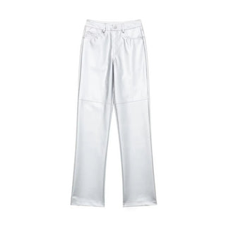 Silver High Waist Pockets Straight Shiny Female Trousers Pants - Diva Melody