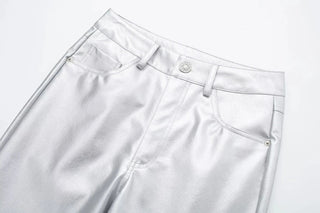 Silver High Waist Pockets Straight Shiny Female Trousers Pants - Diva Melody