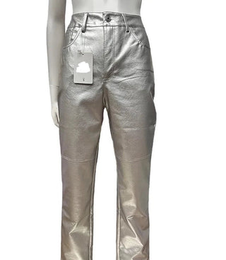 Silver High Waist Pockets Straight Shiny Female Trousers Pants - Diva Melody