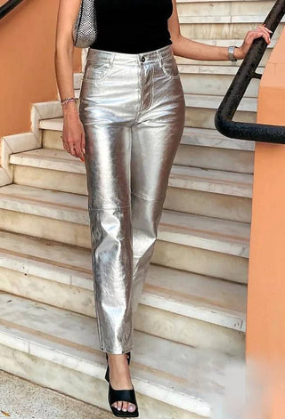 Silver High Waist Pockets Straight Shiny Female Trousers Pants - Diva Melody