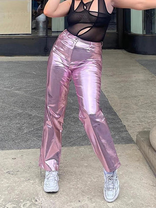 Silver Straight Wide - leg Metallic Women Pants Trousers - Diva Melody