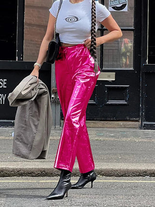 Silver Straight Wide - leg Metallic Women Pants Trousers - Diva Melody