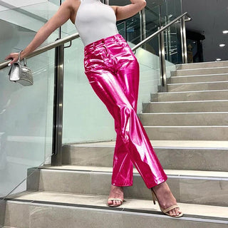 Silver Straight Wide - leg Metallic Women Pants Trousers - Diva Melody