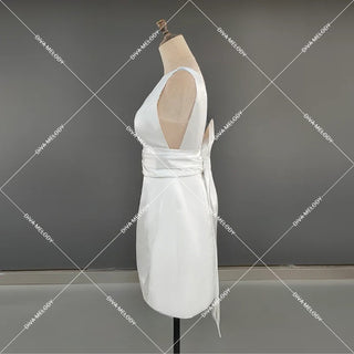 Simple Belt Bow Mini Wedding Dress - Diva Melody