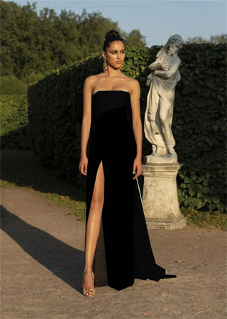 Simple Large Bow Slit Evening Prom Satin Gowns - Diva Melody