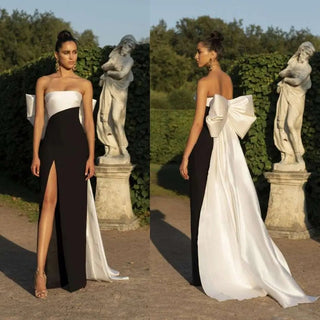 Simple Large Bow Slit Evening Prom Satin Gowns - Diva Melody