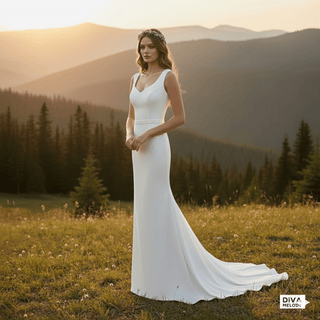 Simple Satin V - Neck Backless Wedding Dress - Diva Melody