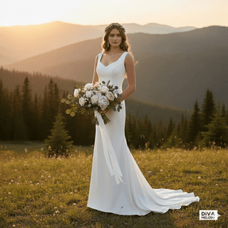 Simple Satin V - Neck Backless Wedding Dress - Diva Melody