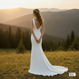 Simple Satin V - Neck Backless Wedding Dress - Diva Melody