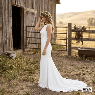 Simple V - neck Front Slit Bridal Gown - Diva Melody