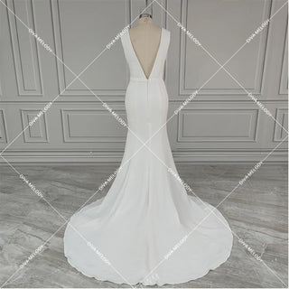 Simple V - neck Front Slit Bridal Gown - Diva Melody