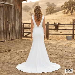 Simple V - neck Front Slit Bridal Gown - Diva Melody
