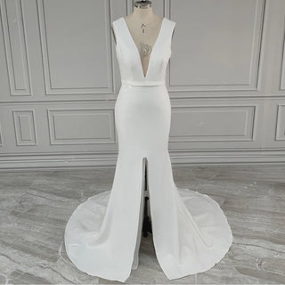 Simple V - neck Front Slit Bridal Gown - Diva Melody