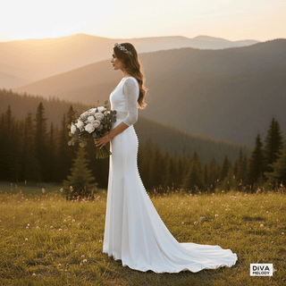 Simple V - Neck Sheer Sleeve Wedding Dress - Diva Melody