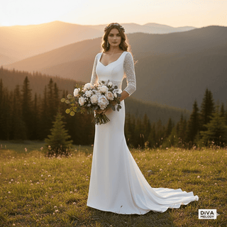 Simple V - Neck Sheer Sleeve Wedding Dress - Diva Melody