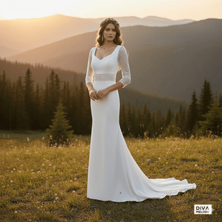 Simple V - Neck Sheer Sleeve Wedding Dress - Diva Melody